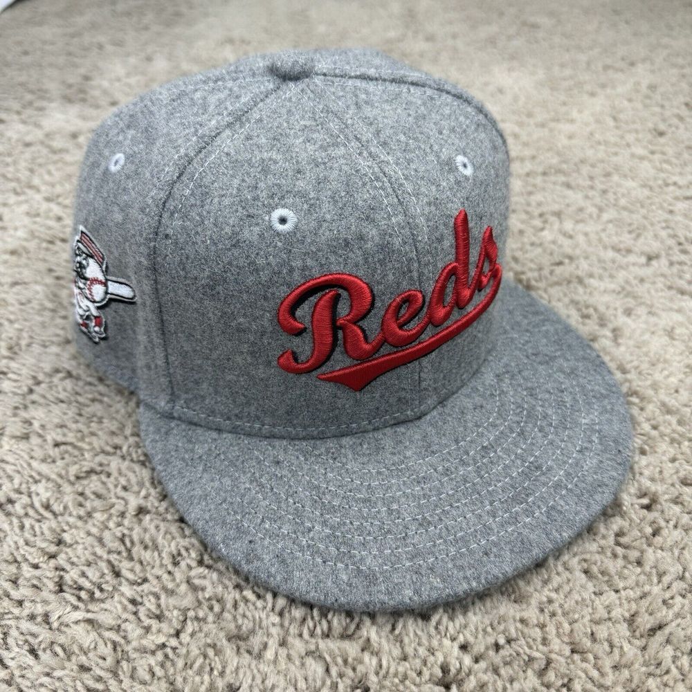 Cincinnati Reds Hat New Era Fitted 7 Gray Melton Wool Red Script‎ 5950 Cap NWT